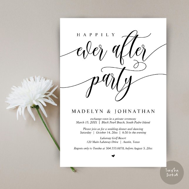 Convite Festa Felizes para Sempre, Jantar de Casamento (Happily Ever After Party, Modern Calligraphy Wedding Dinner Invitation Card, PDF, in Black and White)