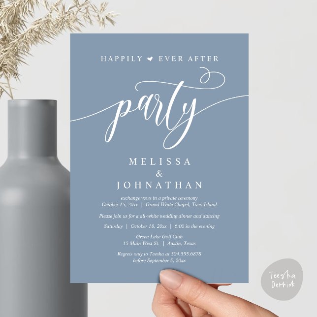 Convite Festa Felizes para Sempre, Jantar de Casamento com (Happily Ever After Dinner, Wedding Party Dancing Invitation Card PDF Modern Rustic Dusty Blue)