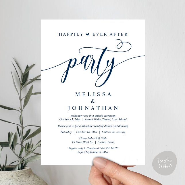 Convite Festa Felizes para Sempre, Jantar de Casamento com (Happily Ever After Dinner, Wedding Party Dancing Invitation Card PDF Modern Romantic Navy Blue)
