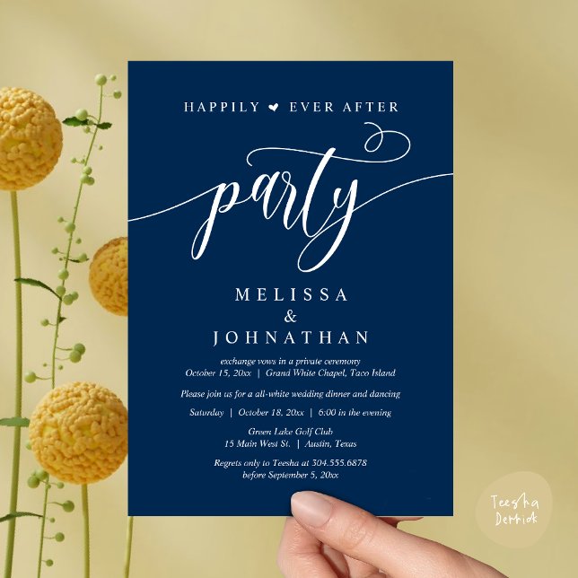 Convite Festa Felizes para Sempre, Jantar de Casamento com (Happily Ever After Dinner, Wedding Party Dancing Invitation Card PDF Modern Romantic Navy Blue)