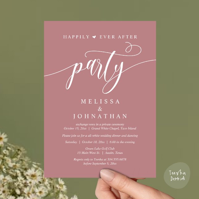 Convite Festa Felizes para Sempre, Jantar de Casamento com (Happily Ever After Dinner, Wedding Party Dancing Invitation Card PDF Modern Rustic Dusty Rose Pink)