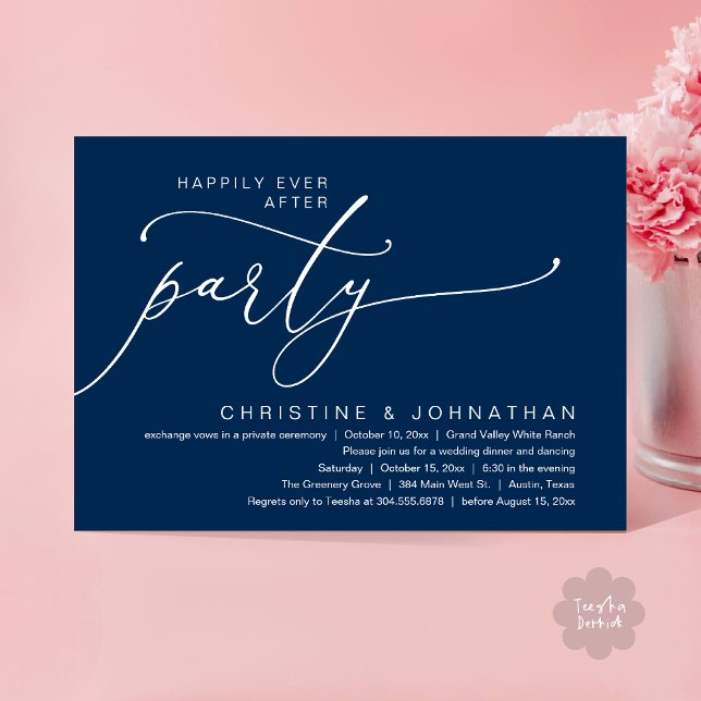 Convite Festa Felizes para Sempre, Jantar de Casamento com (Happily Ever After Party, Romantic Modern Elopement Dinner Dancing Invites Card PDF Navy Blue)