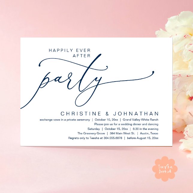 Convite Festa Felizes para Sempre, Jantar de Casamento com (Happily Ever After Party, Romantic Modern Elopement Dinner Dancing Invites Card PDF Navy Blue)