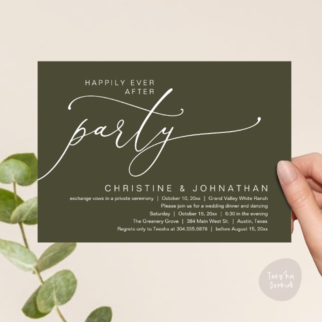 Convite Festa Felizes para Sempre, Jantar de Casamento com (Happily Ever After Party, Romantic Modern Elopement Dinner Dancing Invites Card PDF Olive Green)
