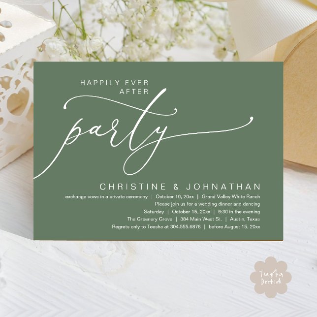 Convite Festa Felizes para Sempre, Jantar de Casamento com (Happily Ever After Party, Romantic Modern Elopement Dinner Dancing Invites Card PDF Sage Green)