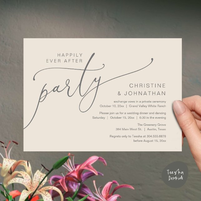 Convite Festa Felizes para Sempre, Jantar de Casamento Fug (Happily Ever After Party, Romantic Modern Elopement Dinner Dancing Invites Card PDF Cream Grey)