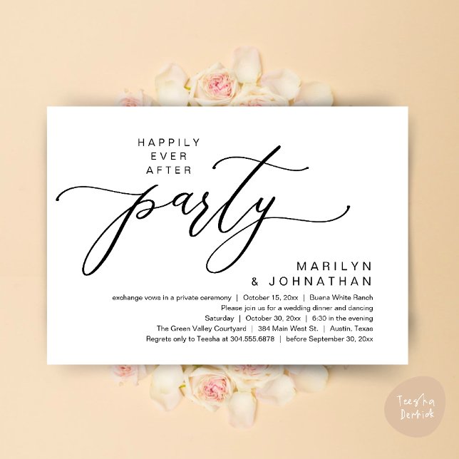 Convite Festa Felizes para Sempre Jantar de Casamento Fuga (Happily Ever After Party Wedding Elopement Romantic Dinner Brunch Invitation Card PDF White Black)