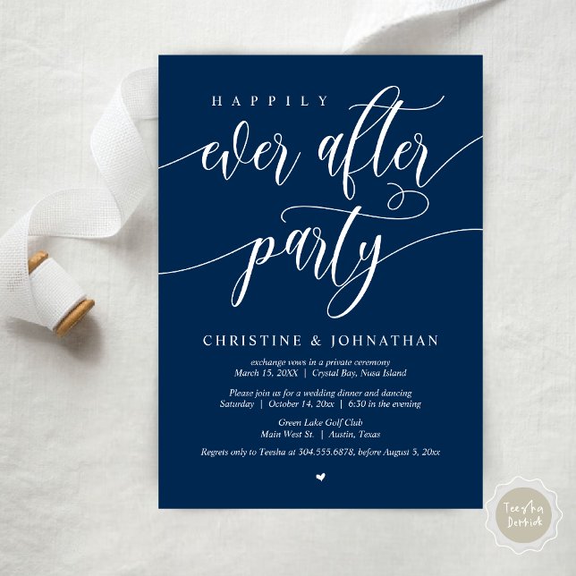 Convite Festa Felizes para Sempre, Jantar de Casamento Int (Happily Ever After Party, Wedding Elopement Dinner Invitation Card, PDF, in Navy Blue)