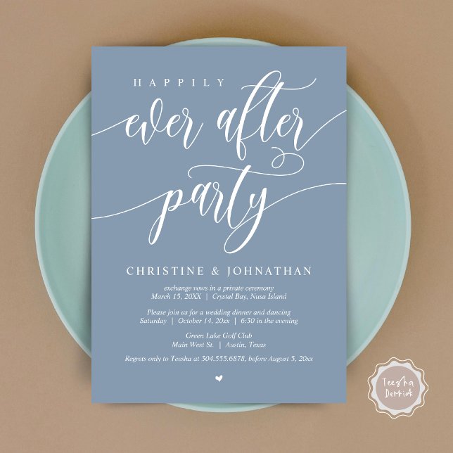 Convite Festa Felizes para Sempre, Jantar de Casamento Int (Happily Ever After Party, Wedding Elopement Dinner Invitation Card, PDF, in Dusty Blue)