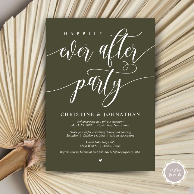 Convite Festa Felizes para Sempre, Jantar de Casamento Int (Happily Ever After Party, Wedding Elopement Dinner Invitation Card, PDF, in Olive Green)