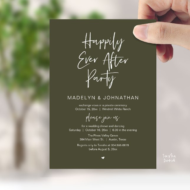Convite Festa Felizes para Sempre, Jantar de Casamento Mod (Happily Ever After Party, Modern Wedding Reception Dinner Invitation card in olive green)