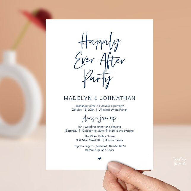 Convite Festa Felizes para Sempre, Jantar de Casamento Mod (Happily Ever After Party, Modern Wedding Reception Dinner Invitation card in navy blue)