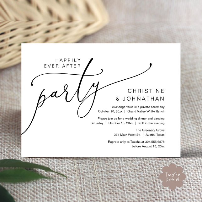Convite Festa Felizes para Sempre, Jantar de Fuga Romântic (Happily Ever After Party, Romantic Modern Elopement Dinner Dancing Invites Card PDF Black White)