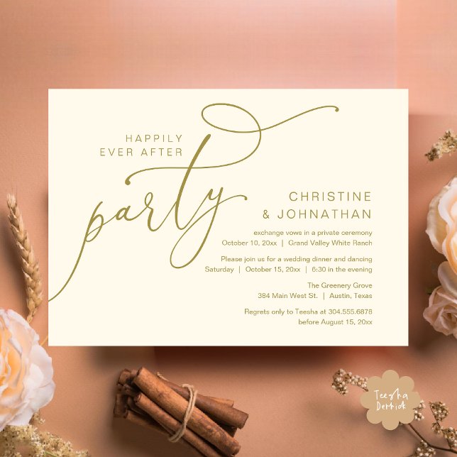 Convite Festa Felizes para Sempre, Jantar Romântico com Da (Happily Ever After Party, Romantic Modern Elopement Dinner Dancing Invites Card PDF Yellow Gold)