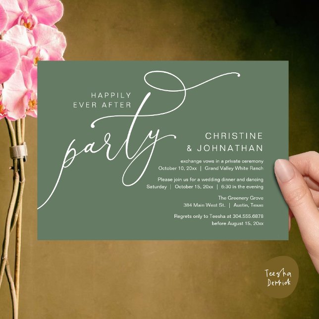 Convite Festa Felizes para Sempre, Jantar Romântico com Da (Happily Ever After Party, Romantic Modern Elopement Dinner Dancing Invites Card PDF Sage Green)