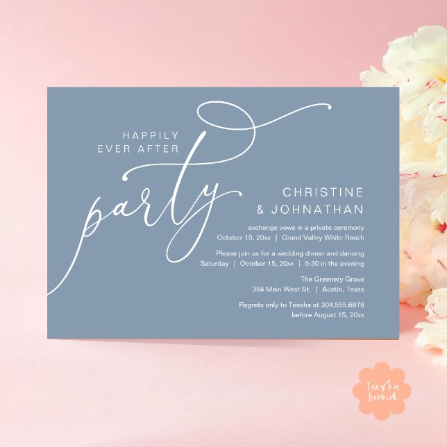 Convite Festa Felizes para Sempre, Jantar Romântico com Da (Happily Ever After Party, Romantic Modern Elopement Dinner Dancing Invites Card PDF Dusty Blue)
