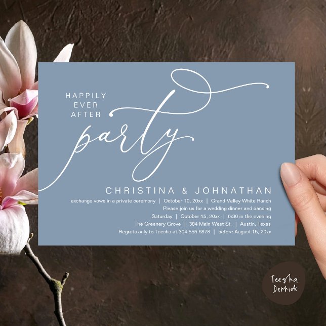 Convite Festa Felizes Para Sempre, Jantar Romântico de Cas (Happily Ever After Party, Romantic Modern Elopement Dinner Dancing Invites Card PDF Dusty Blue)