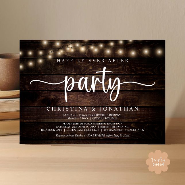 Convite Festa Felizes para Sempre, Luzes Rústicas de Corda (Happily Ever After Party, Rustic String Lights Wed Invitation Card, Dark Brown Wood Background)