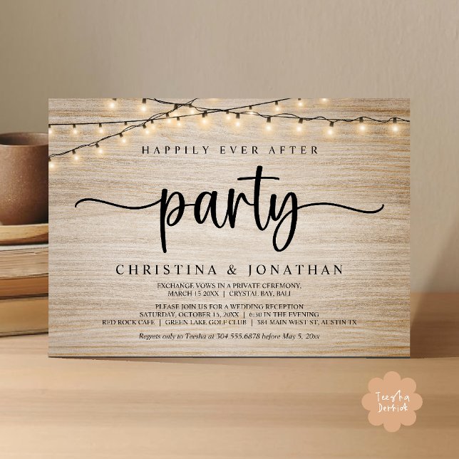 Convite Festa Felizes para Sempre, Luzes Rústicas de Corda (Happily Ever After Party, Rustic String Lights Wed Invitation Card, Dark Brown Wood Background)