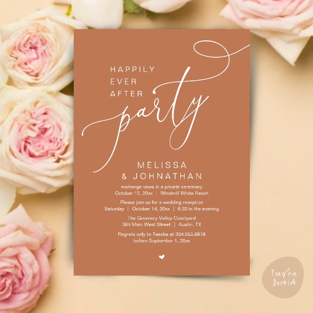 Convite Festa Felizes para Sempre Recepção de Casamento Mo (Happily Ever After Party Modern Wedding Reception Dinner Brunch Lunch Invites card PDF Copper Brown)