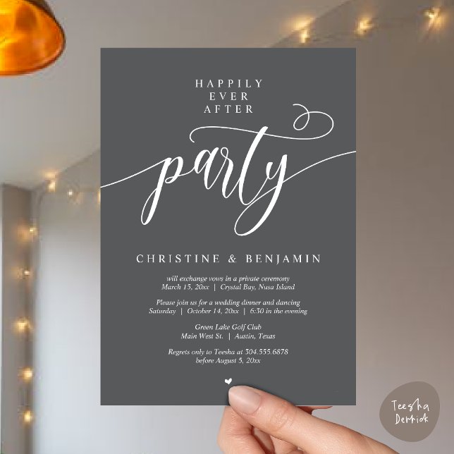 Convite Festa Felizes Para Sempre, Roteiro Moderno (Happily Ever After Dinner Party, Modern Script Wedding Reception Invitation Card, PDF, Dark Grey)