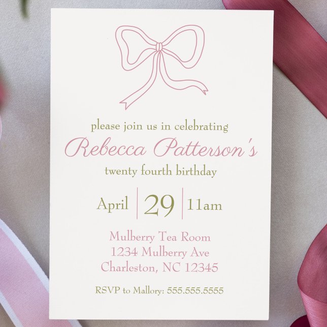Convite Festa feminina de Arco rosa-estética coquetel (coquette aesthetic birthday party invitation pink bow cute script feminine girly shabby chic vintage)