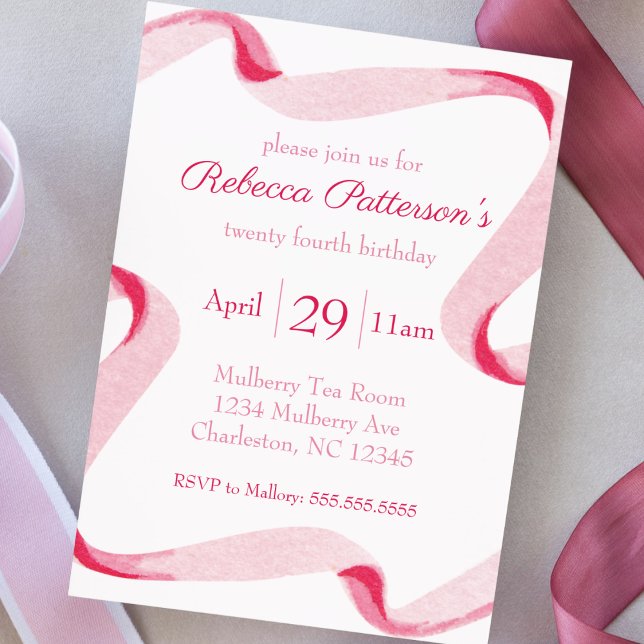 Convite Festa Feminina de Fita Rosa Coquética de Fita Rosa (coquette aesthetic birthday party invitation pink ribbon feminine girly cute party invite watercolor)