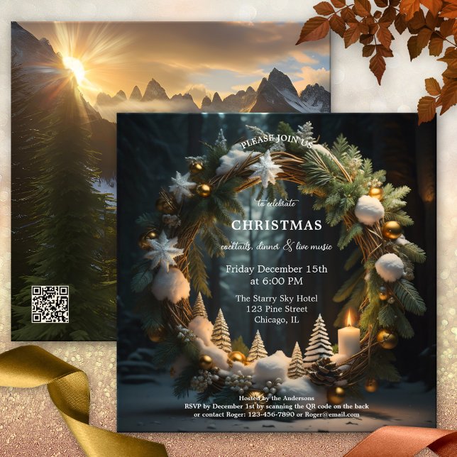 Convite Festa Festiva de Férias de Natal (A modern artistic Christmas holiday party invitation featuring a wreath with snow and ornaments)