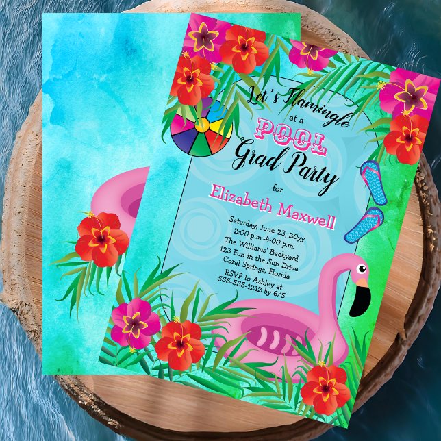Convite Festa Flamingle Pink Floral de Piscina (Flamingle Pink Floral Tropical Graduation Pool Party Invitation - Print and/or Digital Download)
