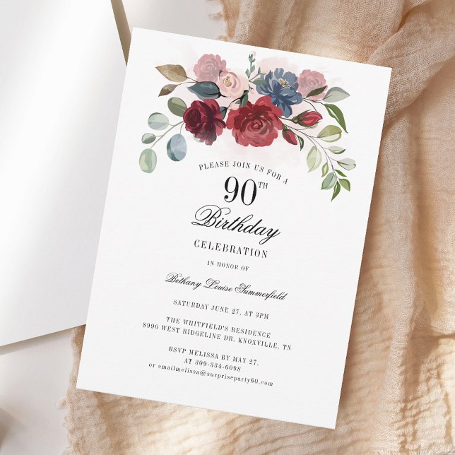 Convite Festa Floral 90 Birthday Watercolor Bloom (Floral 90th Birthday Watercolor Bloom Party Invitation)