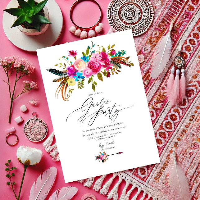 Convite Festa Floral Boho Chic Rosa Vibrante (Hot-Pink Boho Chic Floral Garden Party Invitation)