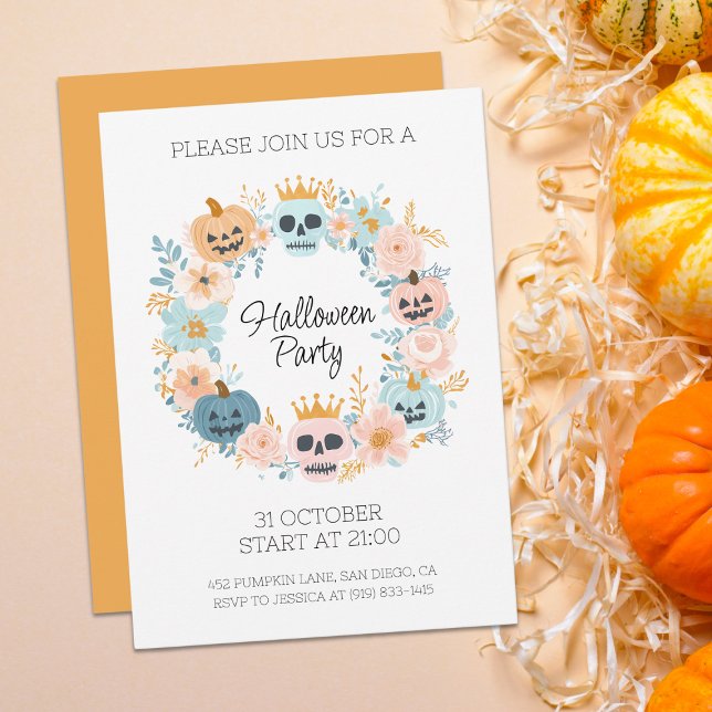 Convite Festa Floral Chic de Pumpkin Pastel Halloween (Halloween Pastel Skull Pumpkin Floral Chic Party Invitation)