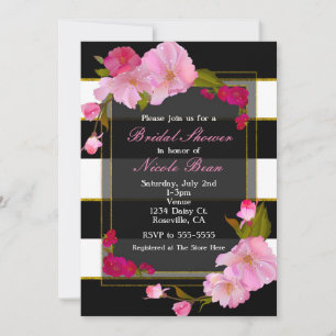 Convite Festa Floral Chic Moderna Preto Branco e Dourado