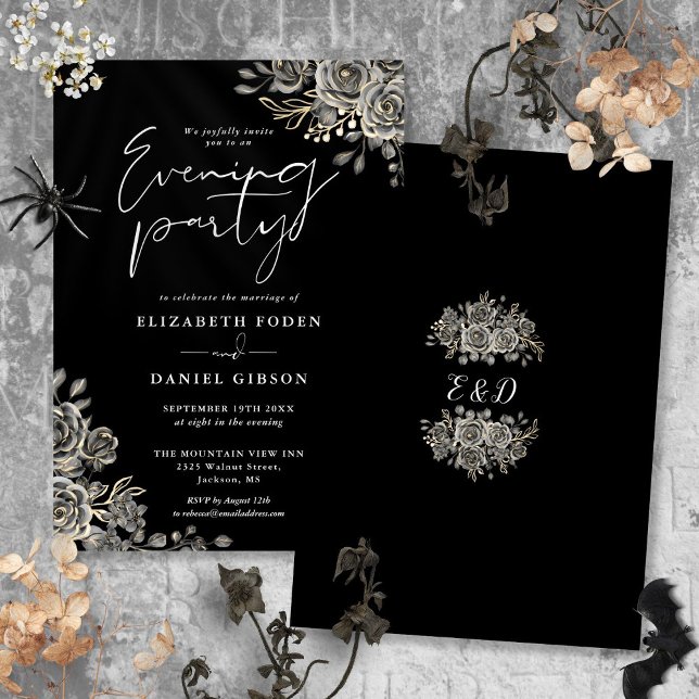 Convite Festa Floral De Casamento De Gótico Negro E Branco (Black And White Goth Floral Wedding Evening Party Invitation)