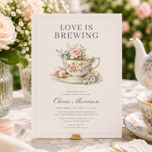 Convite Festa Floral de Chá de Noiva Love is Brewing (Criador carregado)