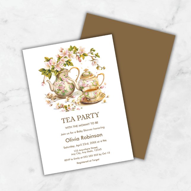 Convite Festa Floral de Chá para Chá de fraldas de Chá (Floral Teapot Tea Party Time for Tea Baby Shower Invitation )