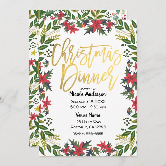 Convite Festa Floral de Férias de Natal Dourada (Frente/Verso)