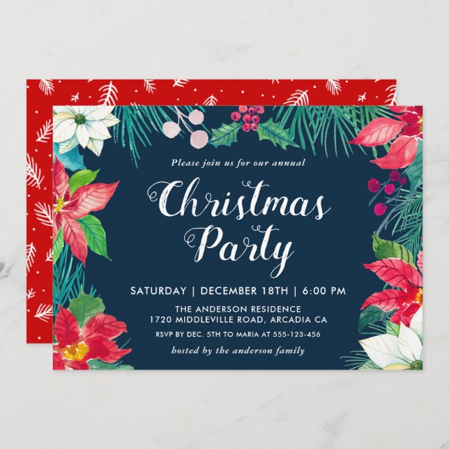 Convite Festa Floral de Férias do Natal Red Poinsettia (Frente/Verso)