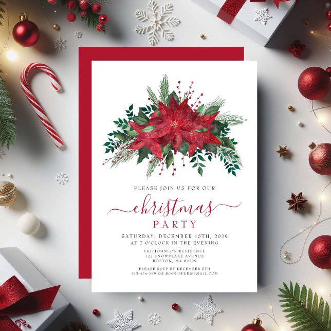 Convite Festa Floral de Natal do Elegante Red Poinsettia (Elegant Red Poinsettia Floral Christmas Party Invitation)