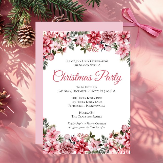 Convite Festa Floral de Natal Elegante Pink Poinsettias (Elegant Pink Poinsettias Floral Christmas Party Invitation)