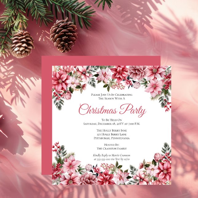 Convite Festa Floral de Natal Elegante Pink Poinsettias (Elegant Pink Poinsettias Floral Christmas Party Invitation)
