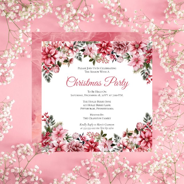 Convite Festa Floral de Natal Elegante Pink Poinsettias (Elegant Pink Poinsettias Floral Christmas Party Invitation)