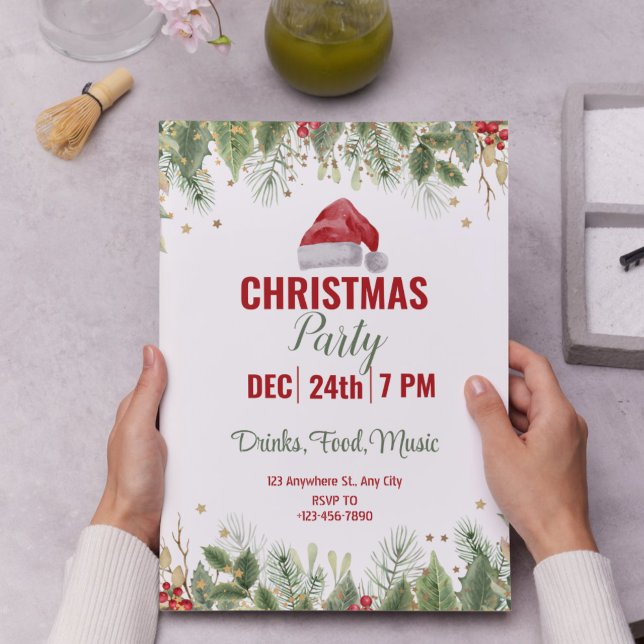 Convite Festa Floral de Natal Simples com Aquarela Branca (Simple White Watercolor Floral Christmas Party Invitation)