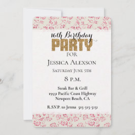 Convite Festa Floral Dourada de Lágrimas de Creme Rosa