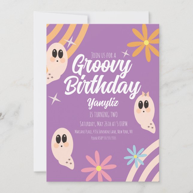 Convite Festa Floral Groovy Ghost Retro de Halloween (Frente)