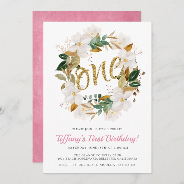 Convite Festa Floral Magnolia Rosa e Dourada do primeiro a (Frente/Verso)