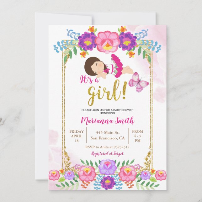 Convite Festa Floral Mexicana de Borboleta Chá de Bebê  (Frente)