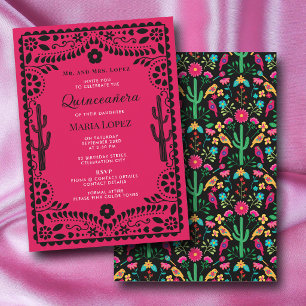 Convite Festa Floral Mexicana Rosa Preta Quinceañera