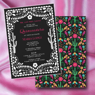 Convite Festa Floral Mexicana Rosa Preto Quinceañera