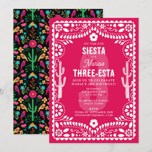 Convite Festa Floral Mexicana Rosa Três-Estas 3º Aniversár